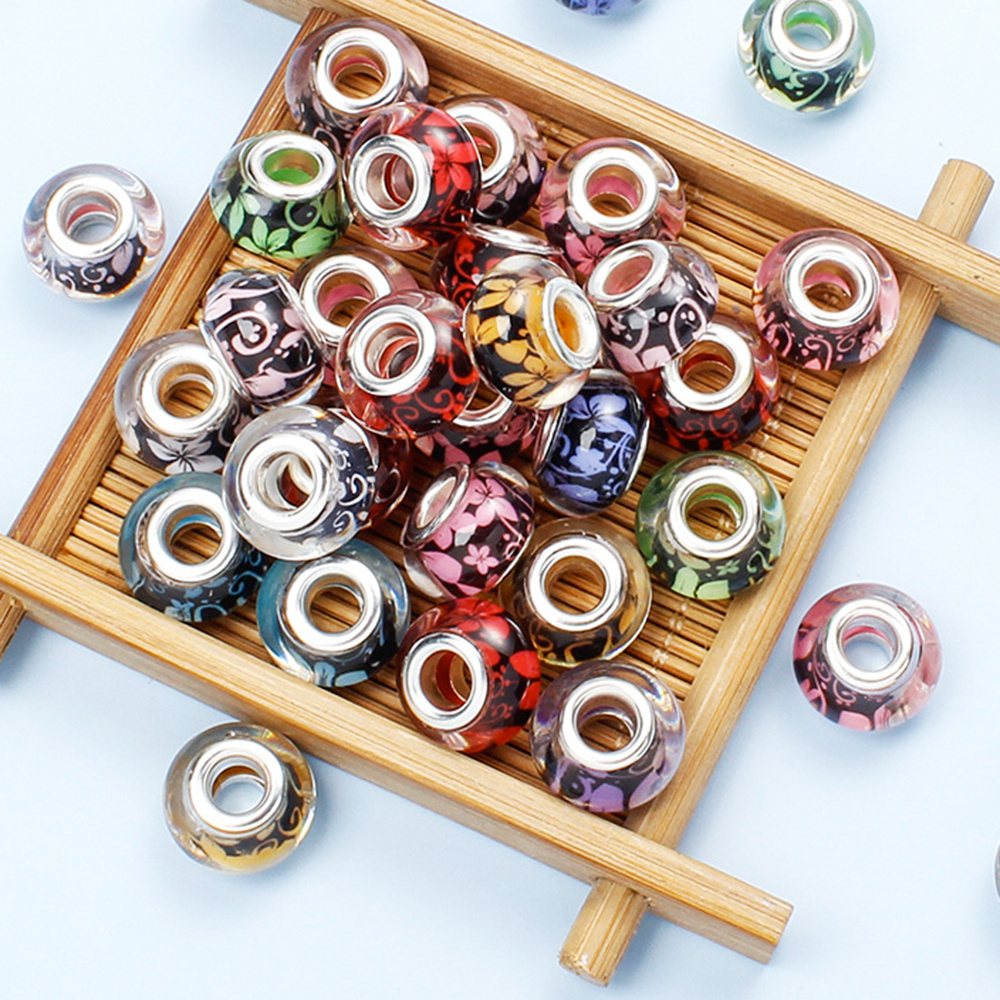 9x14mm Floral Print Acrylic Beads Clear Big Hole Assortment for Jewelry Making